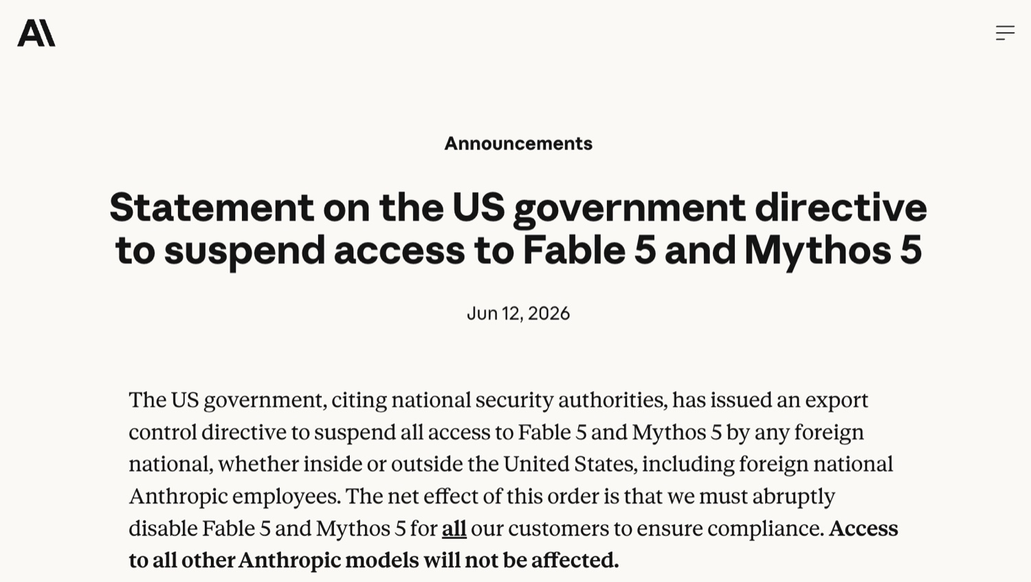 Comunicado oficial da Anthropic sobre a diretiva do governo americano para suspender o acesso ao Fable 5 e ao Mythos 5